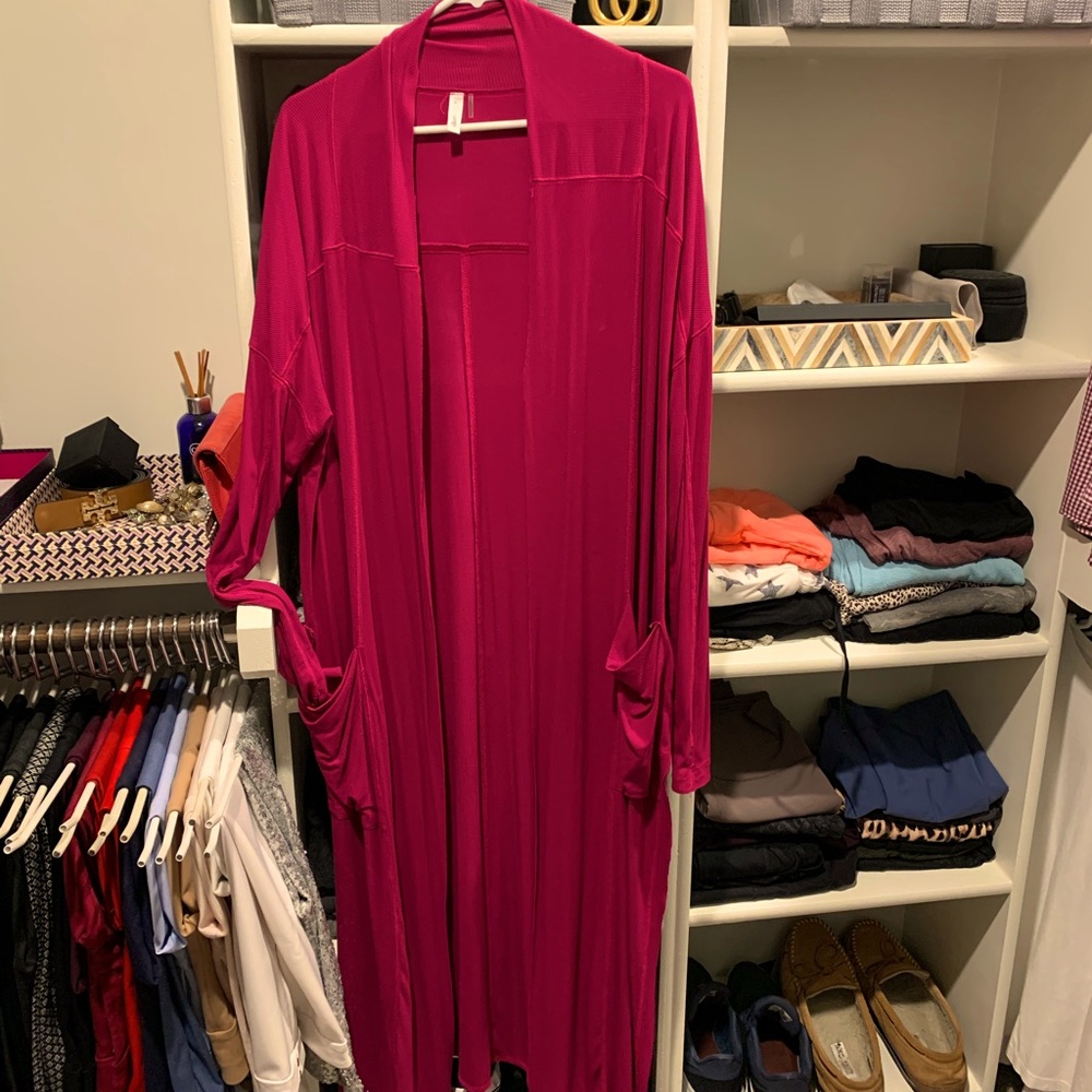 Cozy, raspberry colored long cardigan
